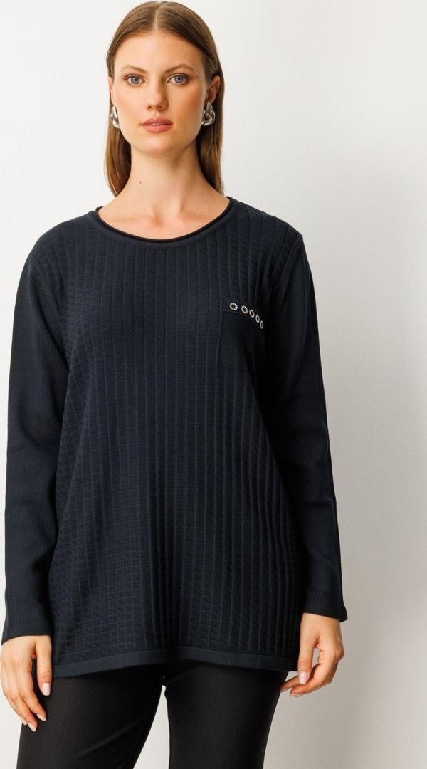 On Kadın Büyük Beden Cebi Taşlı Triko Kazak 65354 Siyah - Image 1