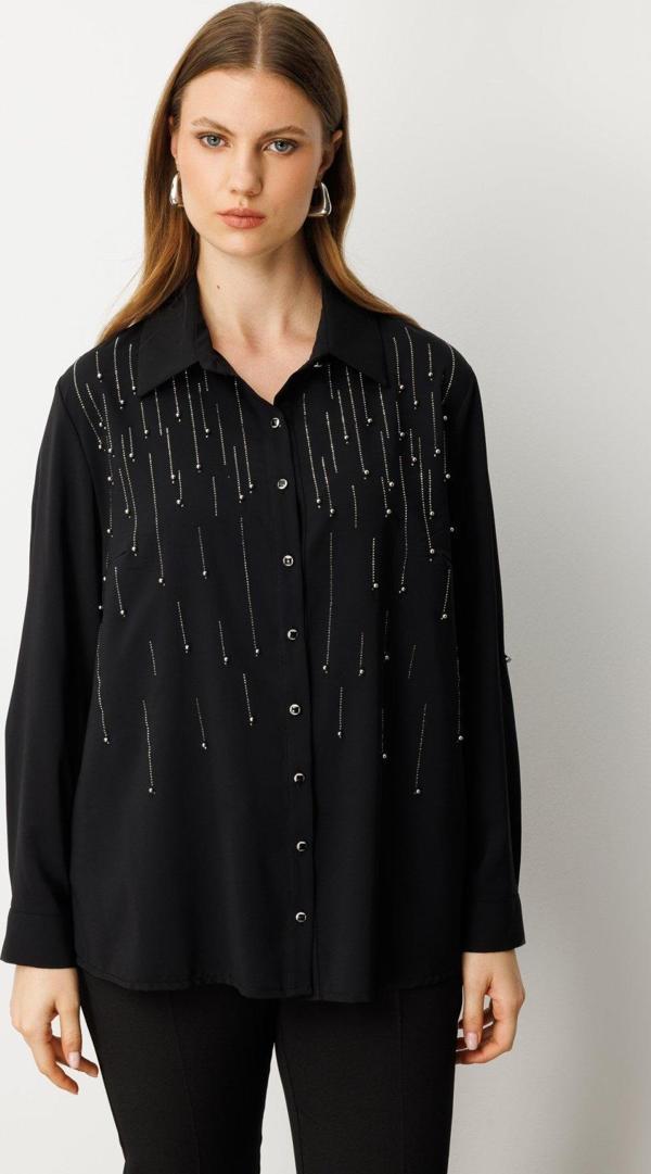 Ekol Kadın Büyük Beden Önü Taşlı Boncuklu Bluz 3983 Siyah - Image 1