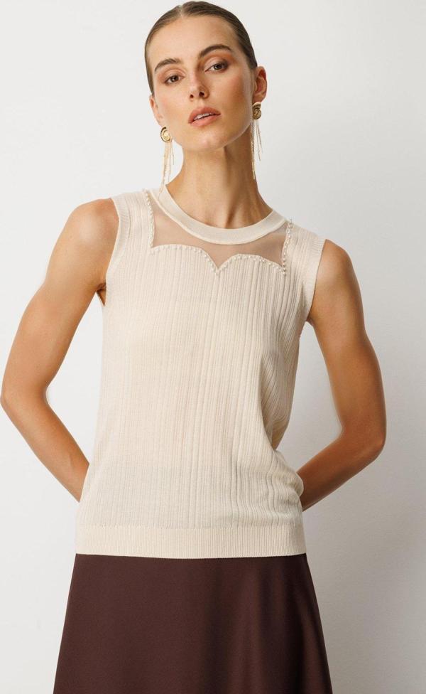 On Kadın Yakası Boncuklu Triko Bluz 60361 Krem - Image 1