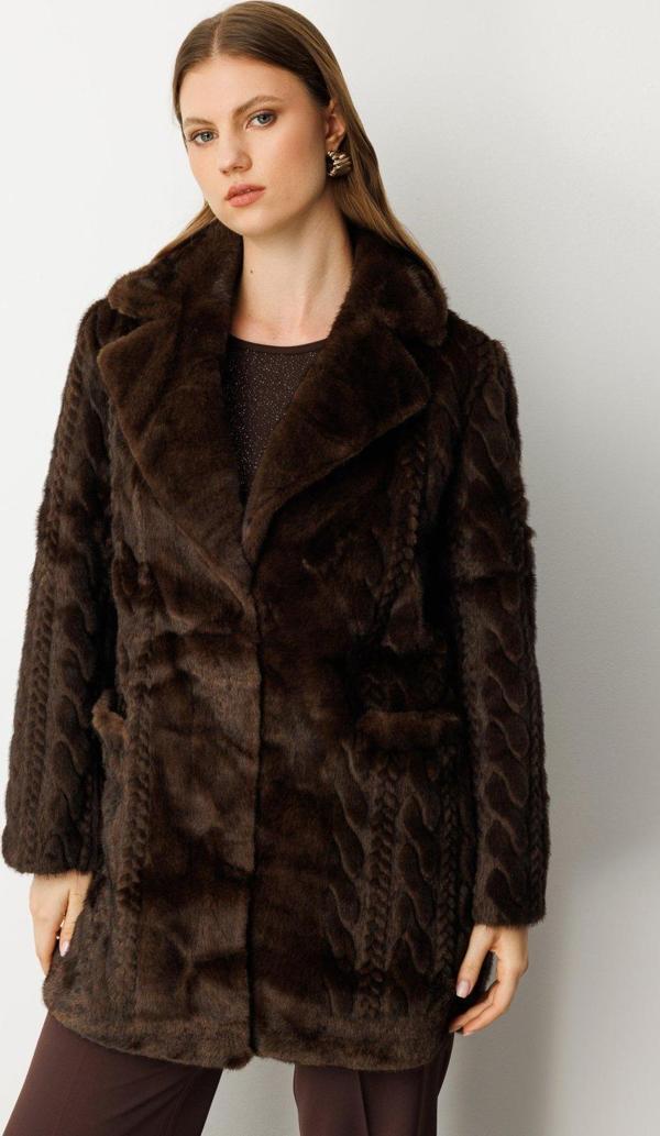 Ekol Kadın Büyük Beden Kruvaze Yaka Torba Cepli Kaban 6961 Kahverengi - Image 1