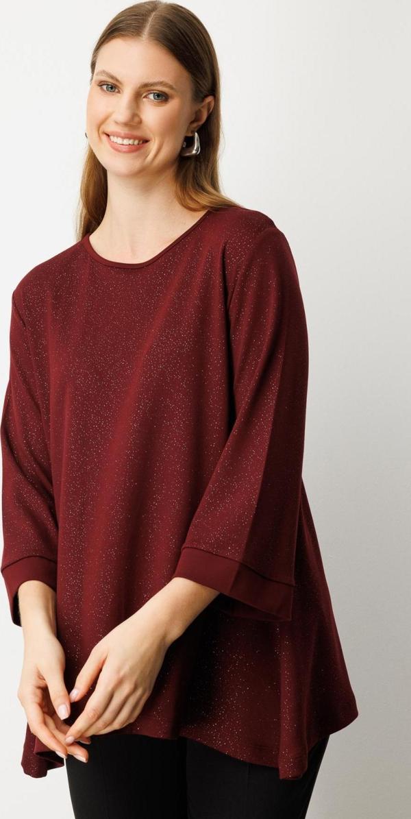 On Kadın Büyük Beden Kumaşı Simli Rahat Kalıp Bluz 61393 Bordo - Image 1