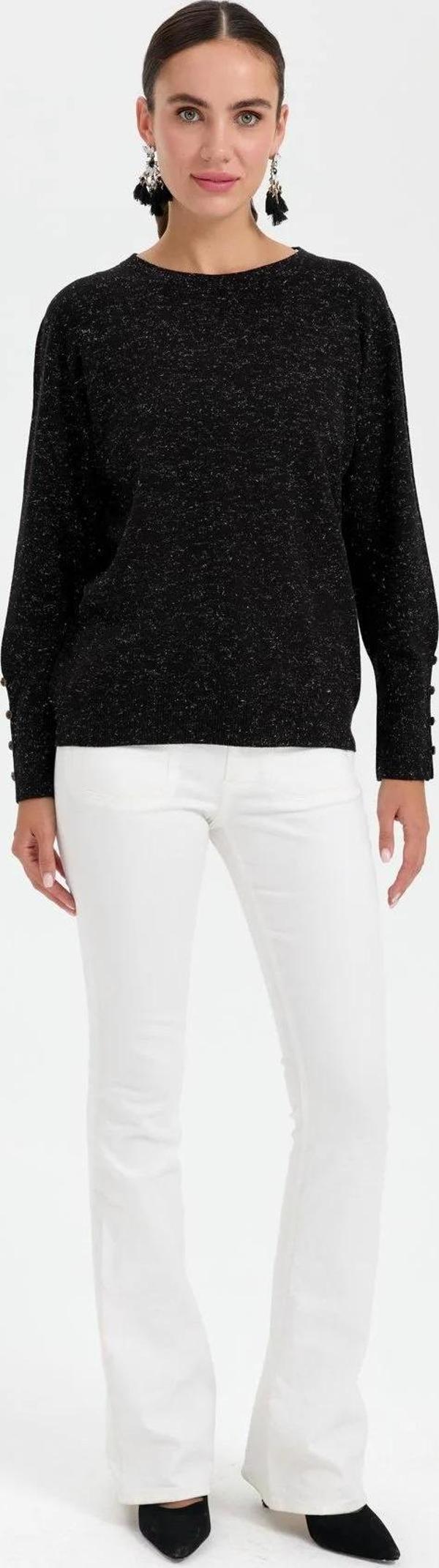 Desen Triko Kadın Sıfır Yaka Önü Kısa Arkası Uzun Bluz 23331 Siyah - Image 1