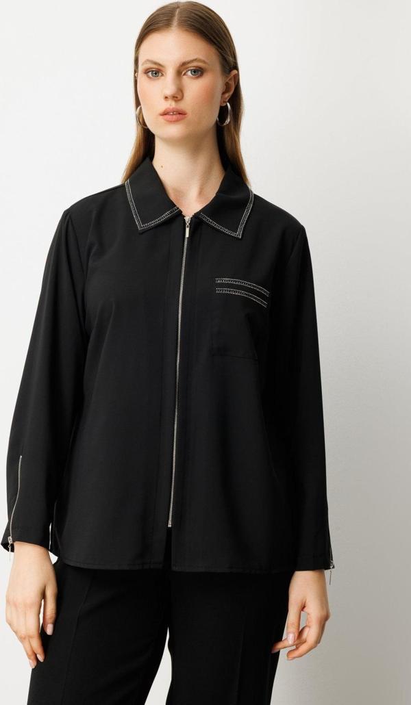 Ekol Kadın Büyük Beden Fermuarlı Taş İşlemeli Bluz 3981 Siyah - Image 1