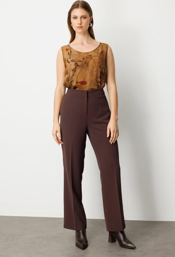 Ekol Kadın Büyük Beden Bol Paça Krep Pantolon 1033 Kahverengi - Image 1