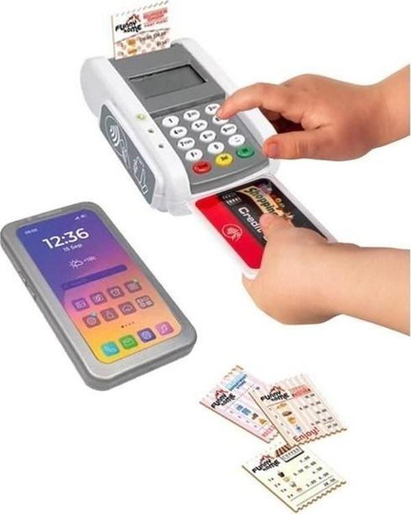 Pilli Işıklı Sesli Elektronik Oyuncak Pos Cihazı Seti Evcilik Market Oyuncağı - Image 1