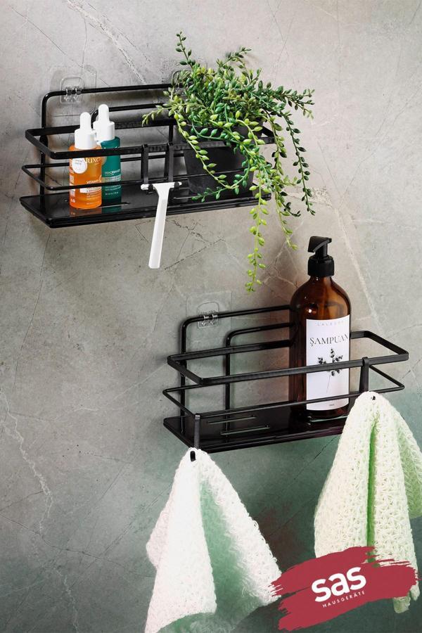 2’li Siyah Yapışkanlı Ayarlanabilir Banyo Rafı, Paslanmaz Kristal Şampuanlık (Yapıştır/Vidala) - Image 1