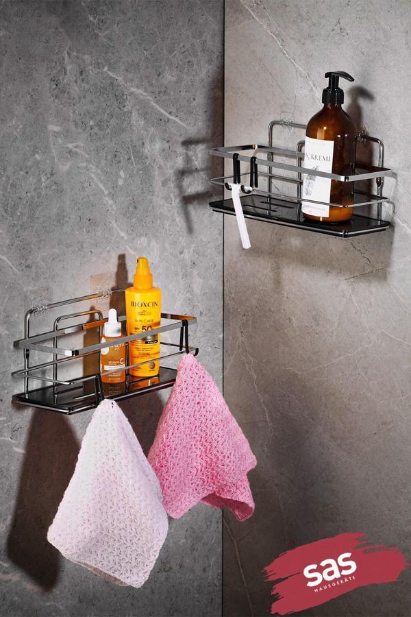 2’li Yapışkanlı Ayarlanabilir Banyo Rafı, Paslanmaz Kristal Şampuanlık, (Yapıştır/Vidala) Krom-Siyah - Image 1