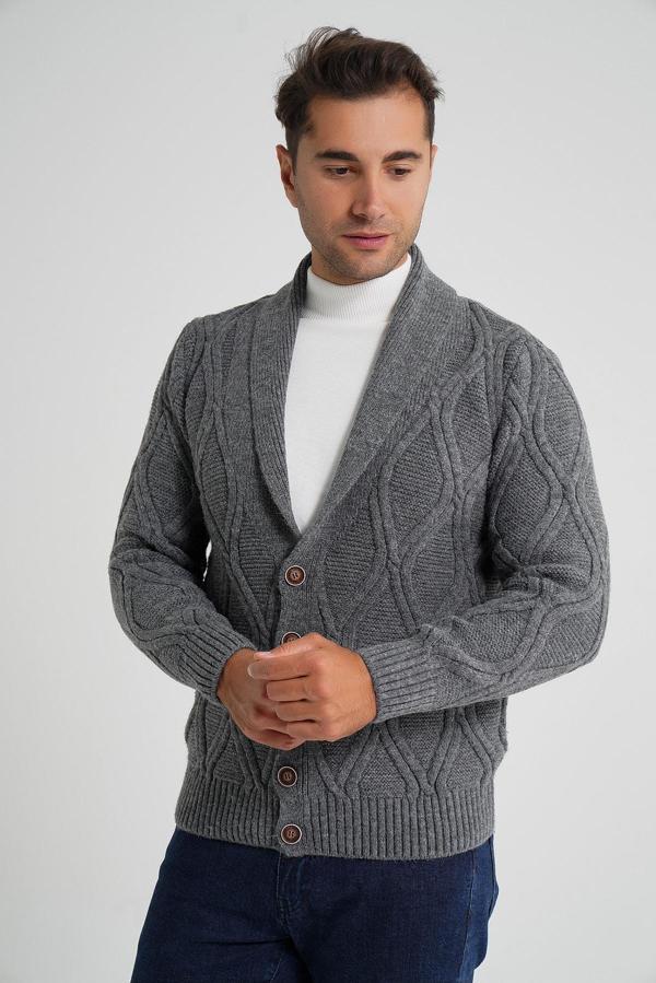 Erkek Koyu Gri Yürütme Baklava Desenli Şal Yaka Düğmeli Yün Hırka TRIST-5359 - Image 1