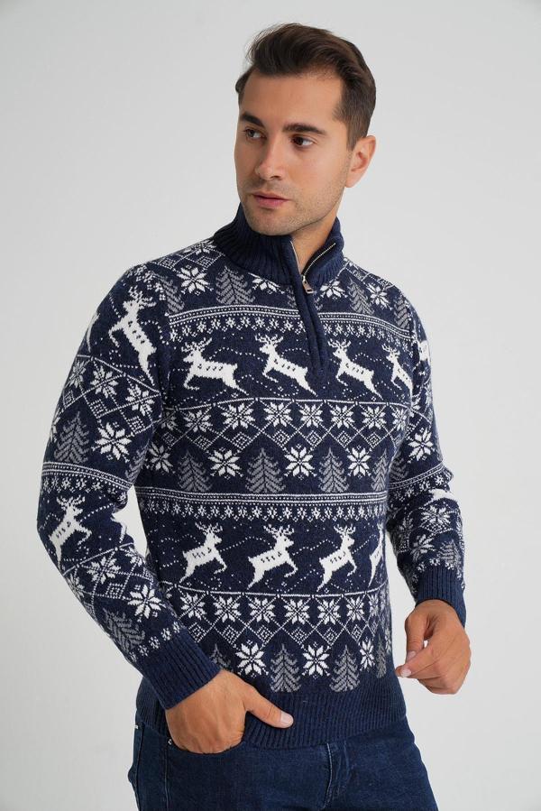 TRİST STAR ERKEK LACIVERT KISA FERMUARLI DİK YAKA JAKARLI GEYİKLİ YÜN YILBAŞI KAZAK TRIST-5362 - Image 1