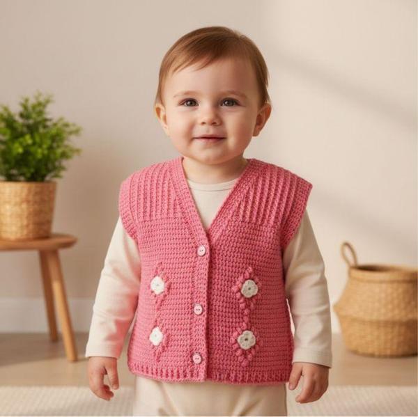 Uretti - Çiğdem 1390 3485 El Örgüsü Çiçek Desenli Örgü Yelek /  1 - 3 Yaş - Image 1