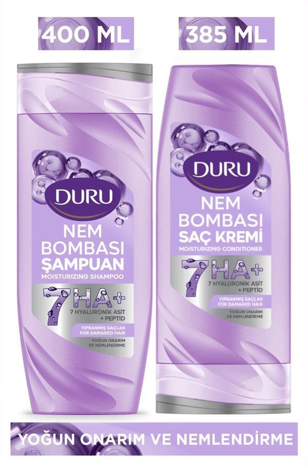 Duru Nem Bombası Yıpranmış Saçlar İçin Yoğun Onarıcı ve Nemlendirici Şampuan 400 Ml&Saç Kremi 385 Ml - Image 1