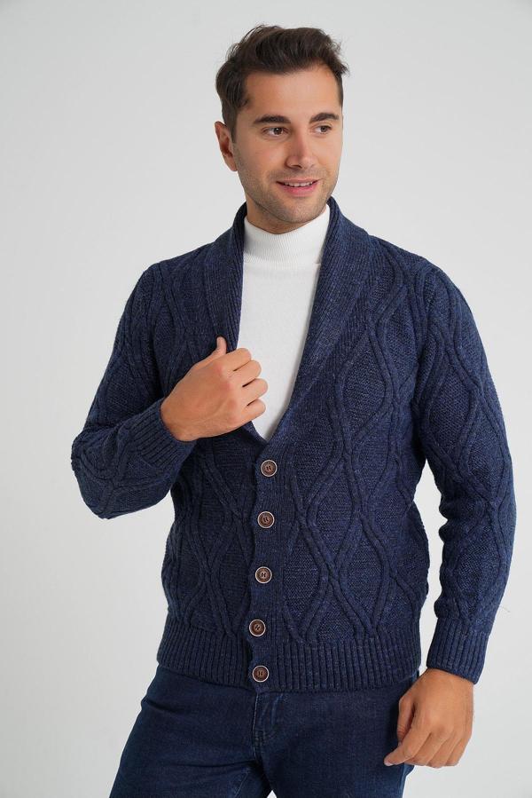 Erkek Lacivert Yürütme Baklava Desenli Şal Yaka Düğmeli Yün Hırka TRIST-5359 - Image 1