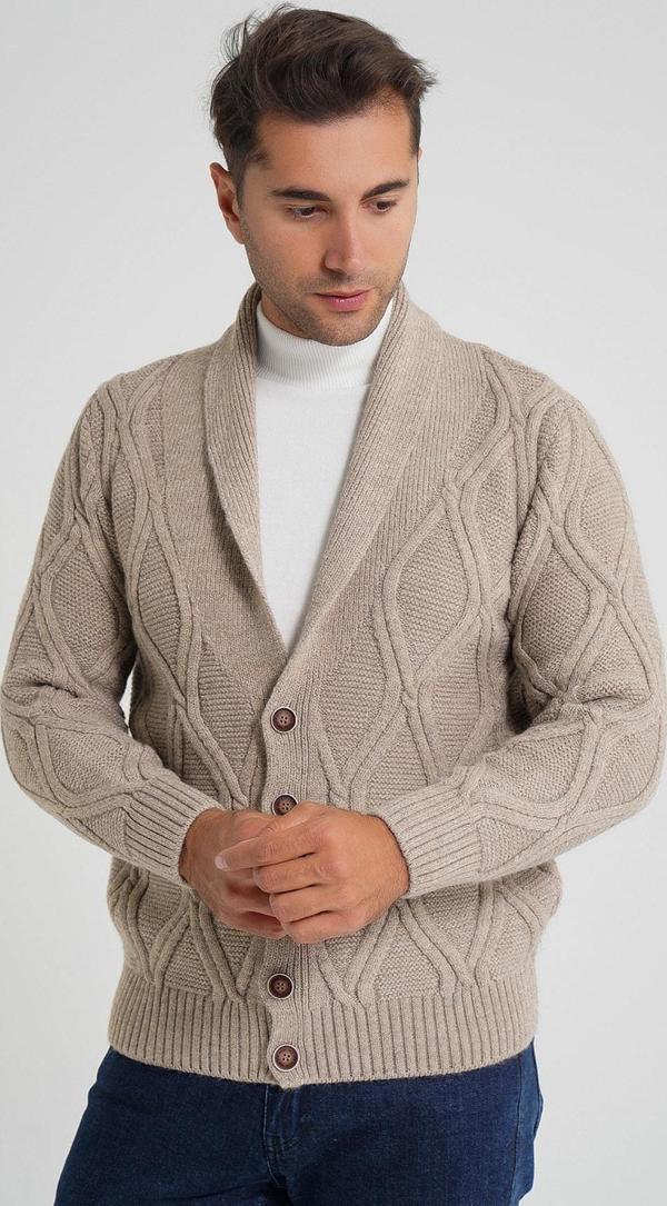 Erkek Vizon Yürütme Baklava Desenli Şal Yaka Düğmeli Yün Hırka TRIST-5359 - Image 1