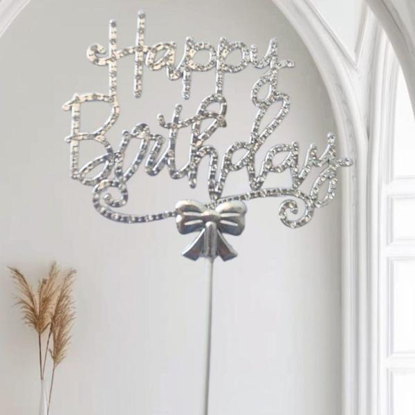 Gümüş Happy Birthday Lüx Taşlı Pasta Süsü - Image 1