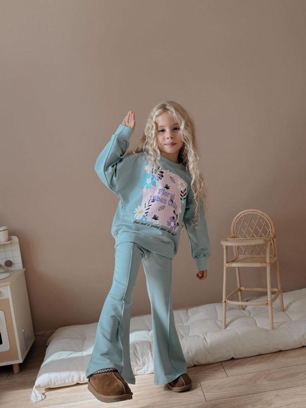 Cg Kids Floral Vibes Baskılı Su Yeşili Kız Çocuk 2 İplik Alt Üst Takım Süper Kalite Kumaş İspanyol Paça - Image 1