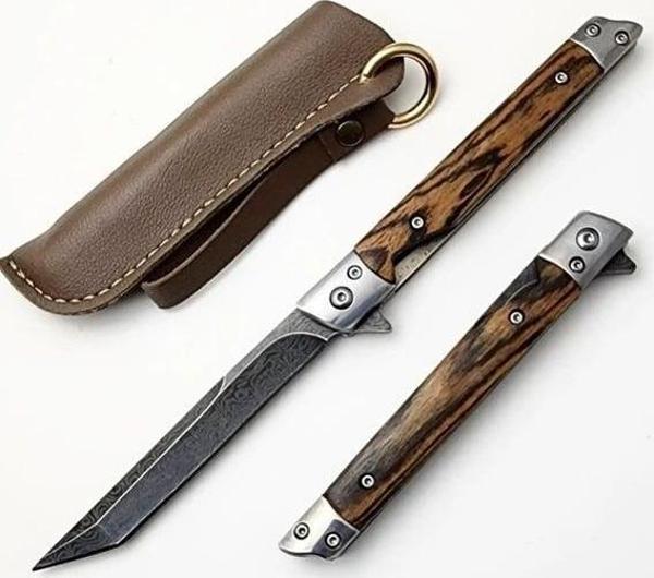 Kamp ve Outdoor Kullanıma Uygun Damascus İşlemeli Katlanır Çakı – Doğal Ağaç Saplı El Yapımı Bıçak - Image 1