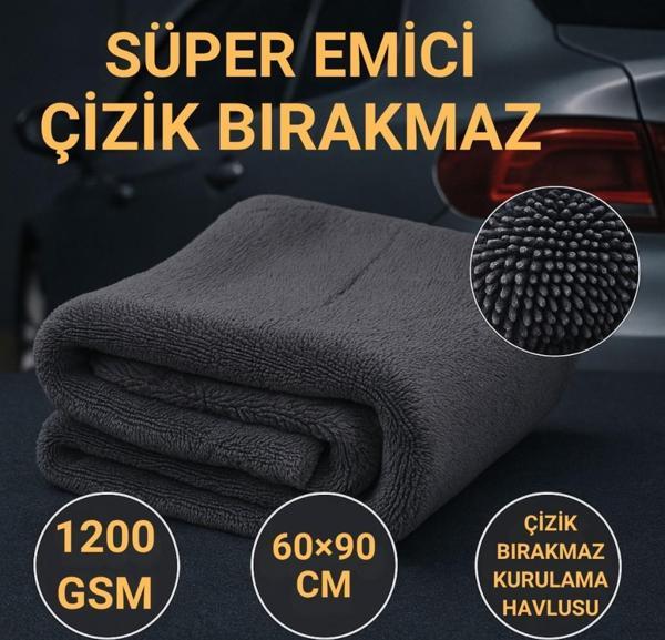Polham XL 60X90CM 1200GSM Süper Su Emici Özellikli Mikrofiber Araç Kurulama Havlusu, Çizik ve İz Bırakmaz Bez - Image 1