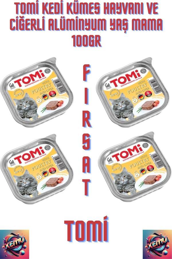 Tomi Kedi Kümes Hayvanı Ve Ciğerli Alüminyum Yaş Mama 100gr 4 Adet, - Image 1