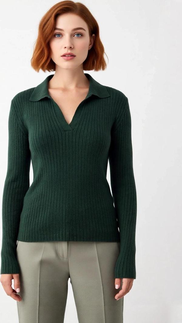 Kadın Polo Yaka Fitilli Triko Kazak Modern Fitted Tasarımıyla Casual Şıklığı Soğuk Havalarda - Image 1