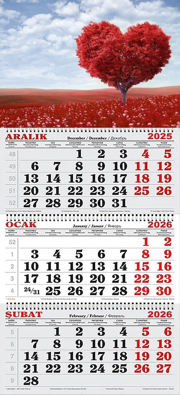 2026 Yılı Gemici Takvimi- Kırmızı Çiçekler ve Kalp Ağaç - Image 1