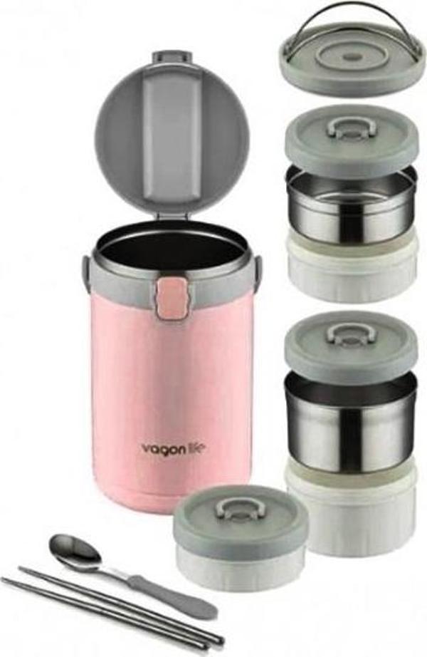 Lunchbox 3 Katlı 4-6 Saat Sıcak/soğuk Termos Çelik Sefer Tası Beslenme Kabı 2100ml Pembe - Image 1