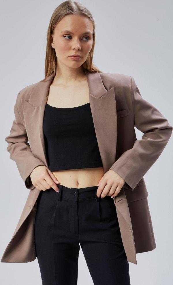 Toprak Rengi Oversize Kruvaze Yaka Astarlı Blazer Ceket - Image 1