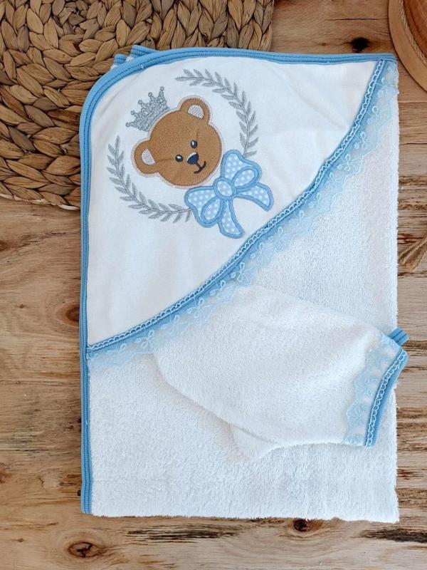 0-1 Yaş Bear Nakışlı El Keseli 2li Erkek Bebek Havlu Takımı Mavi - Image 1