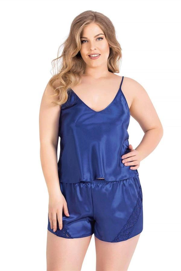 Bicomi Büyük Beden Saks Saten Babydoll Şort Takımı - Image 1