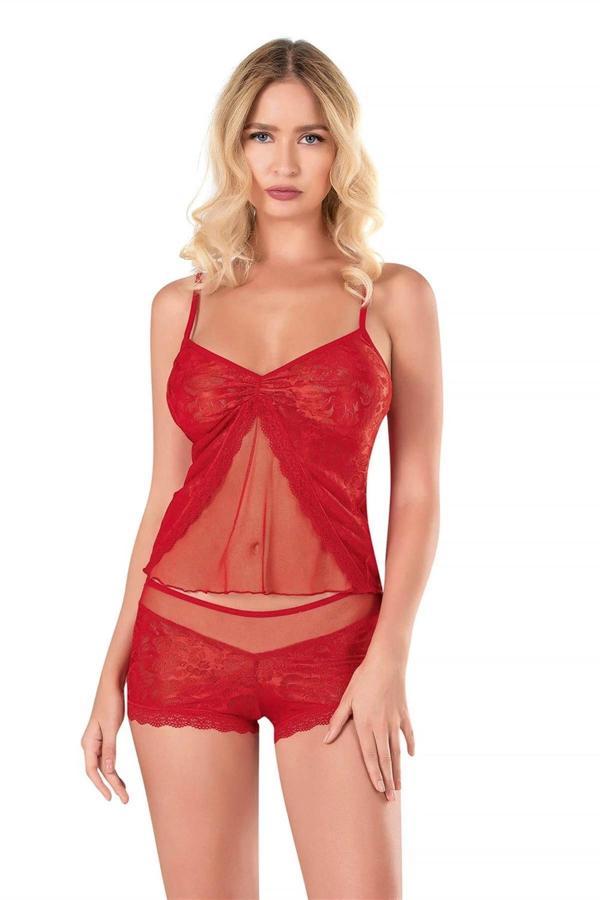 Bicomi Kırmızı Jakarlı Babydoll Şort Takımı - Image 1