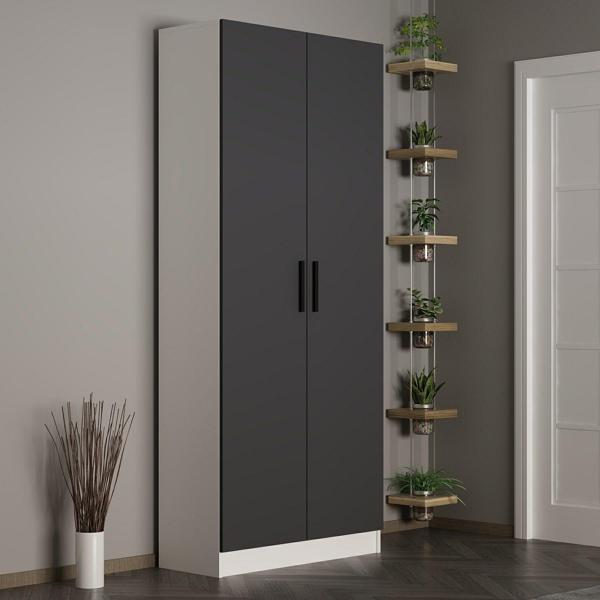 Minar Kale 210 Cm 2 Kapaklı 2B Raf Portmanto Beyaz Antrasit - Image 1