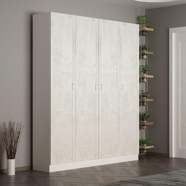 Minar Kale 210 Cm 4 Kapaklı 2B Raf Portmanto Beyaz Eskitme Beyaz - Image 1