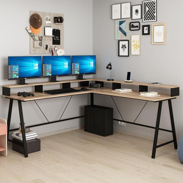 Team Monitör Raflı L Köşe Çalışma Masası - Dore - Image 1