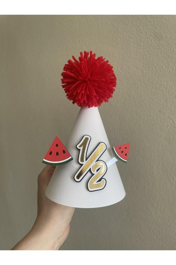 Wenuca Party Shop Karpuz Konsept Yarım Yaş Parti Şapkası, 6 Ay Kınası, Ek Gıda Kutlama Karton Şapka - Image 1
