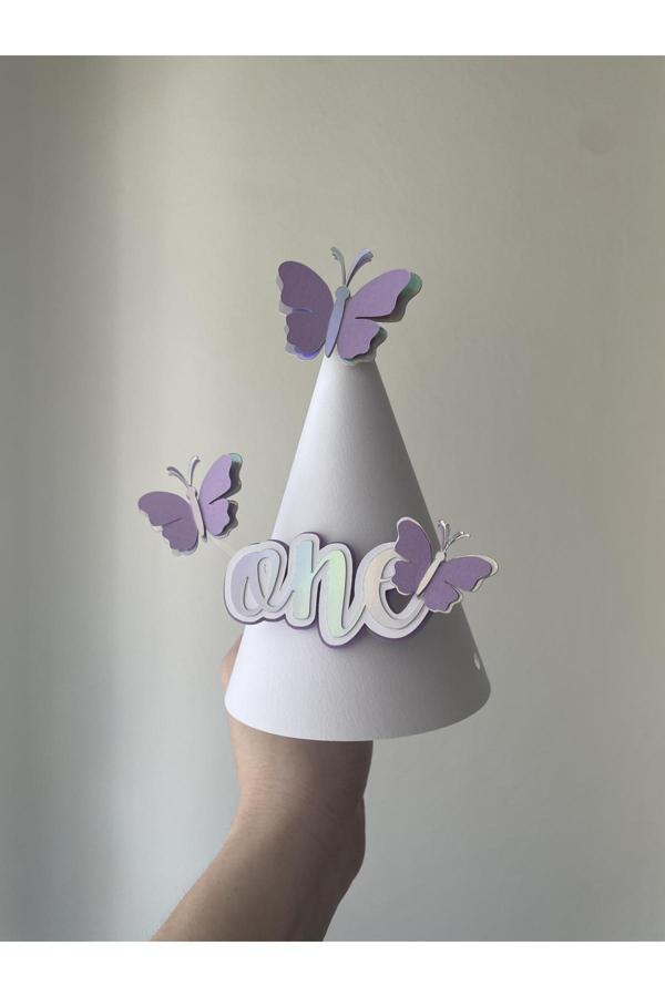 Wenuca Party Shop Kelebek Konsept 1 Yaş Parti Şapkası, İlk Yaşım Karton Şapka - Image 1