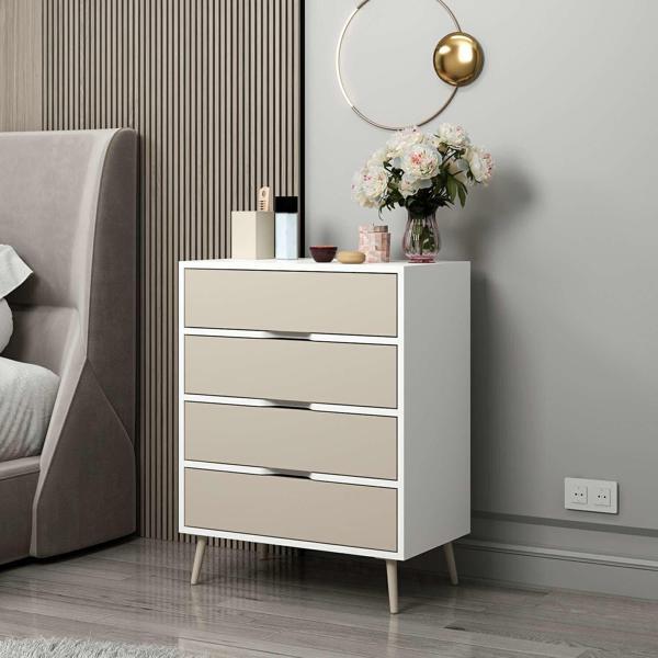 Elina Ayaklı 4 Çekmeceli Şifonyer - Beyaz/Kumtaşı - Image 1