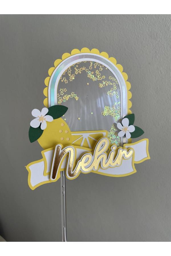 Wenuca Party Shop Kişiye Özel Limon Temalı Cake Topper | Sarı Beyaz Pasta Üzeri Süs | Yaz Konsept Pasta Süsü - Image 1