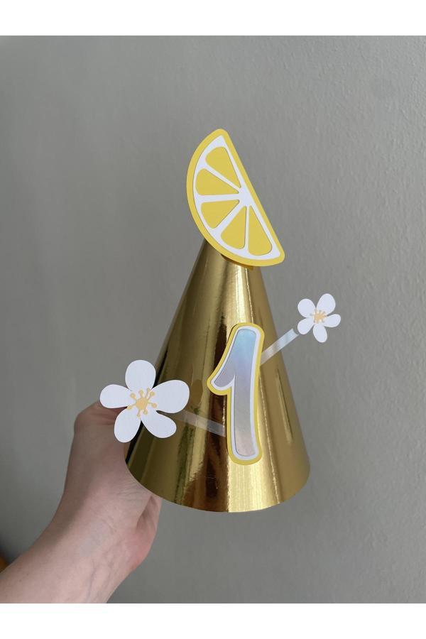 Wenuca Party Shop Limon Konsept Kişiye Özel Parti Şapkası | Sarı Beyaz İlk Yaş Karton Şapka, 1 Yaş Doğum Günü - Image 1