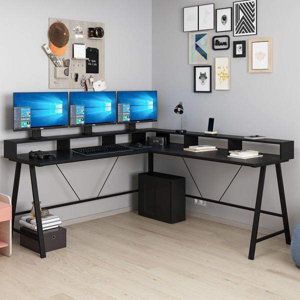 Team Monitör Raflı L Köşe Çalışma Masası - Siyah - Image 1