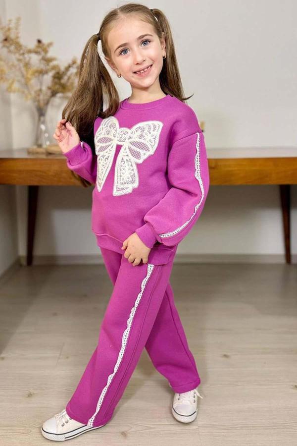 Kız Çocuk Göğsü Kurdela Dantel Şerit Detaylı Bağcıklı 3 İplik Mor Eşofman Takım - Image 1