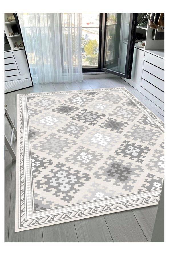 Sty Home Gri Dijital Kilim Baskı Kaymaz Tabanlı Yıkanabilir Baskılı Halı Yolluk - Image 1