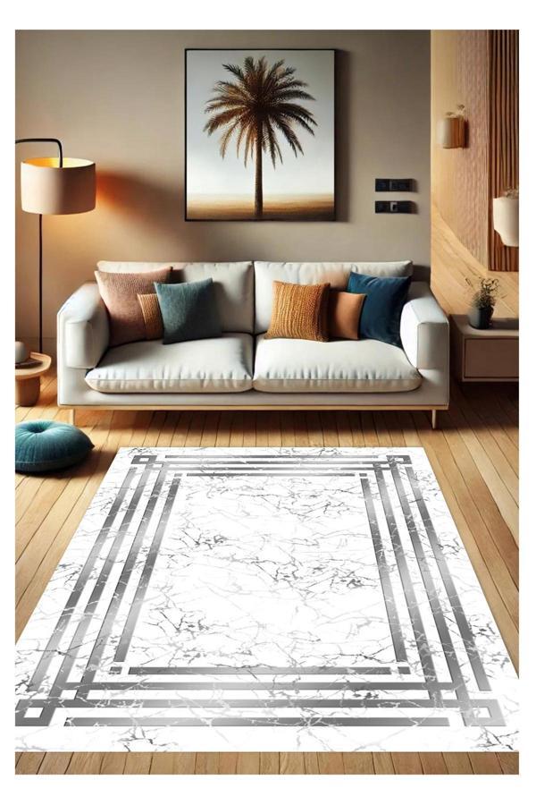 Sty Home Gri Dijital Baskı Halı Kaymaz Tabanlı Yıkanabilir Halı Yolluk Salon Halısı 446 - Image 1