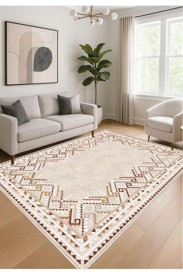 Sty Home Krem Dijital Baskı Halı Kaymaz Tabanlı Yıkanabilir Halı Yolluk Salon Halısı 761 - Image 1