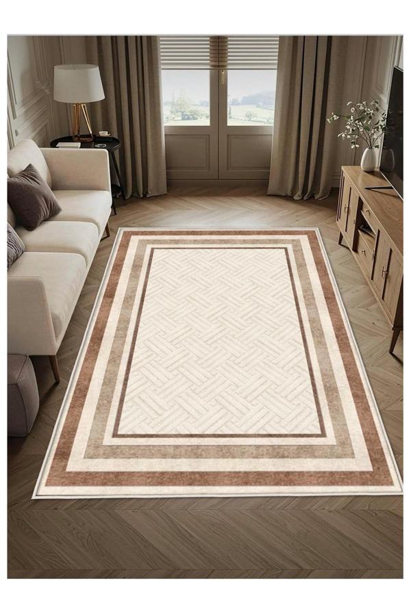 Sty Home Kahverengi Krem Dijital Baskı Halı Kaymaz Tabanlı Yıkanabilir Halı Yolluk Salon Halısı 657 - Image 1