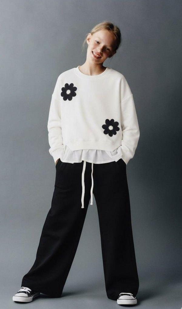 Çiçek Aplikeli Fırfır Detaylı Genç Takım – Sweatshirt & Boru Paça Alt - Image 1