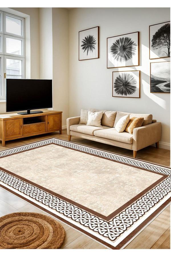 Sty Home Krem Kahverengi Dijital Baskı Halı Kaymaz Tabanlı Yıkanabilir Halı Yolluk Salon Halısı 1596 1 - Image 1