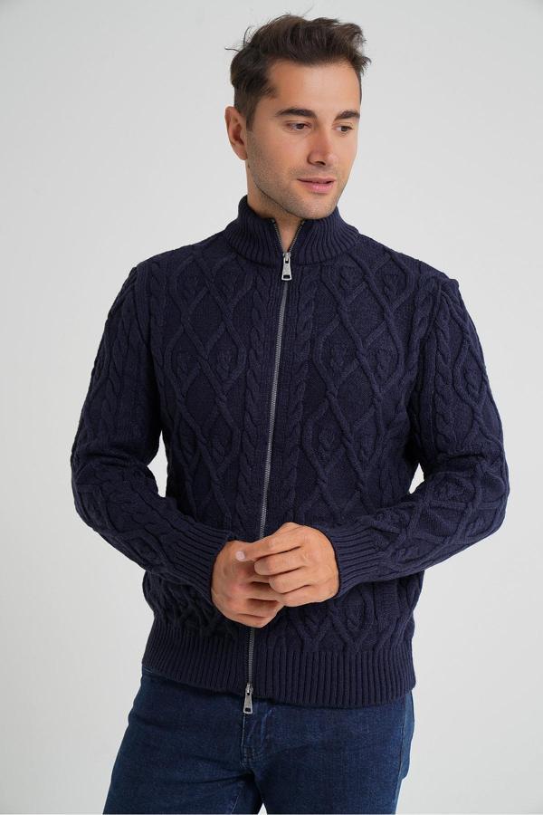 Erkek Lacivert Cepli Fermuarlı Yürütme Saç Örgülü Yün Hırka TRIST-5355 - Image 1