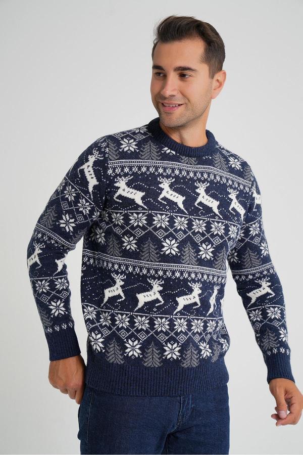 TRİST STAR ERKEK LACIVERT BİSİKLET YAKA JAKARLI GEYİKLİ YÜN YILBAŞI KAZAK TRIST-5360 - Image 1