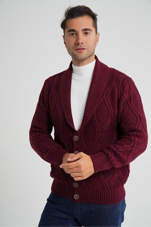 Erkek Bordo Yürütme Baklava Desenli Şal Yaka Düğmeli Yün Hırka TRIST-5359 - Image 1