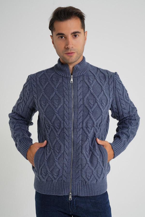 Erkek İndigo Cepli Fermuarlı Yürütme Saç Örgülü Yün Hırka TRIST-5355 - Image 1