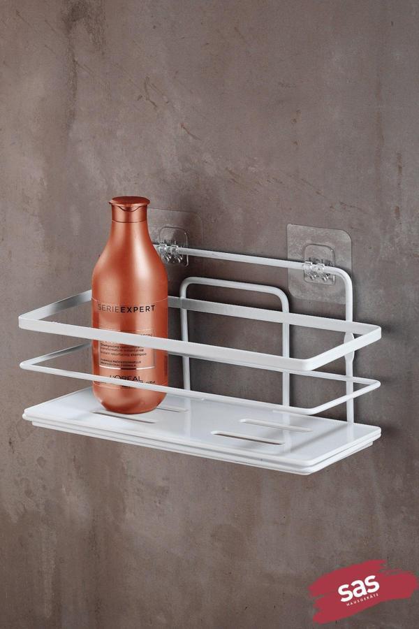 Yapışkanlı Ayarlanabilir Tekli Banyo Duş Rafı – Paslanmaz Kristal Şampuanlık (Yapıştır/Vidala) Beyaz - Image 1